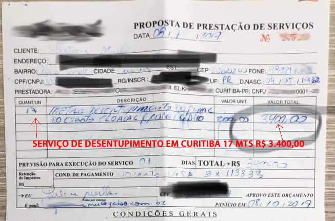 Valor cobrado para um serviço de Desentupimento em Curitiba